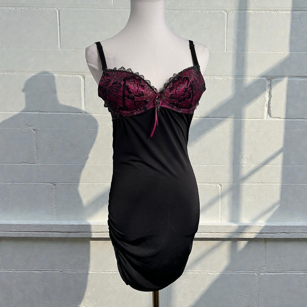 Black & Fuchsia Lace Bust Slip Dress | Y2K Lingerie Mini | Coquette Whimsigoth M